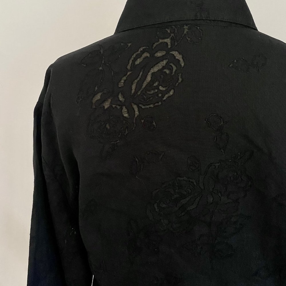 Vtg Nino Wong CA Black Linen Sheer Rose Blouse